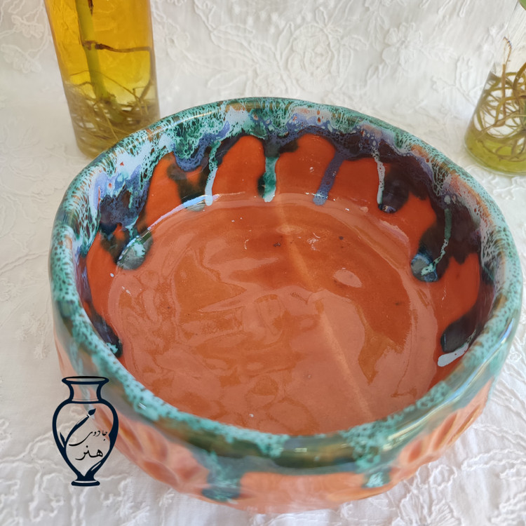 کاسه سفالی دفرمه -کاسه دستساز طرح گل